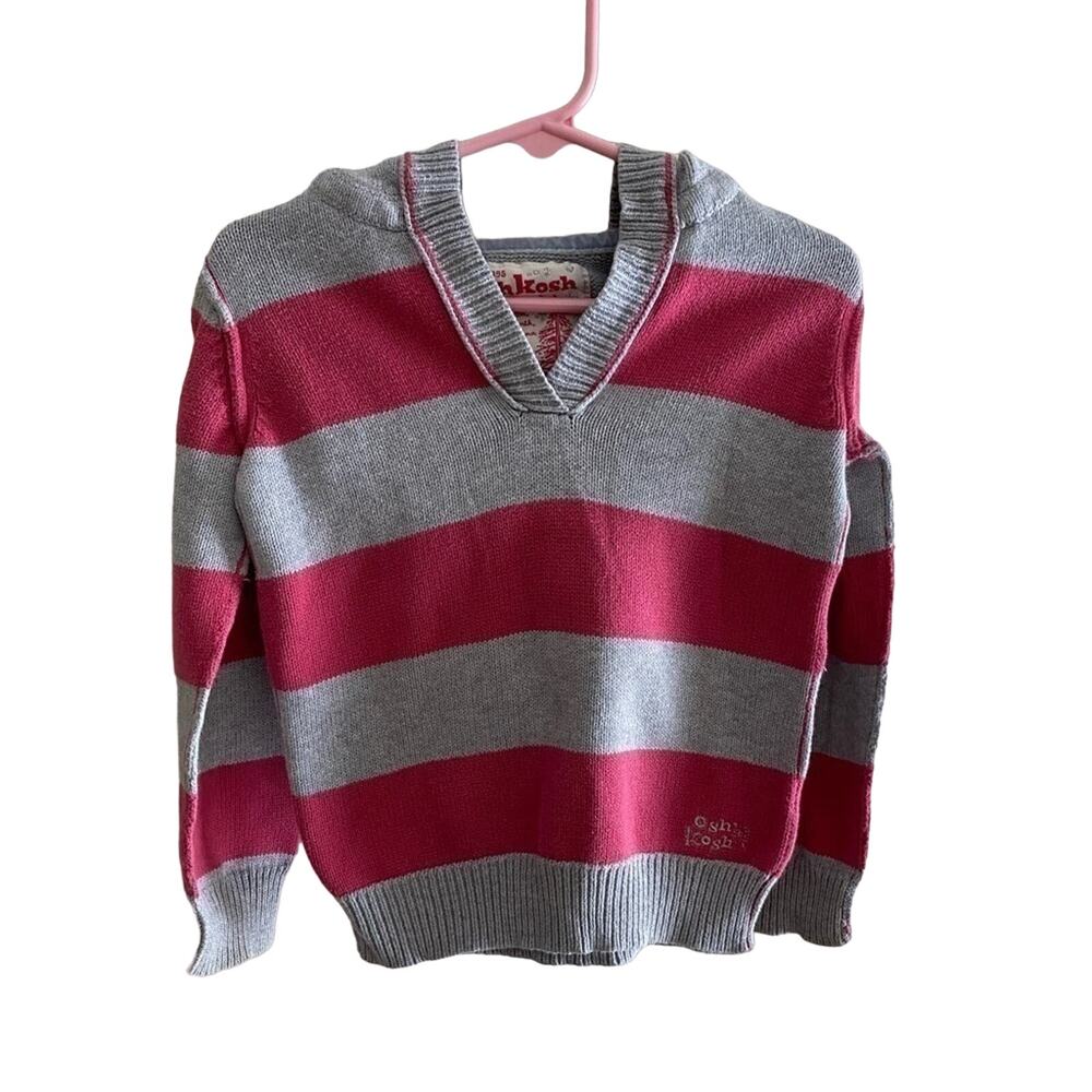 Oshkosh B’gosh‎ 100% Cotton Gray Pink Striped  Hooded Tight Knit Sweater Size 5
